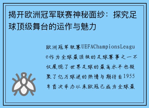 揭开欧洲冠军联赛神秘面纱：探究足球顶级舞台的运作与魅力