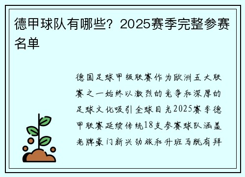 德甲球队有哪些？2025赛季完整参赛名单