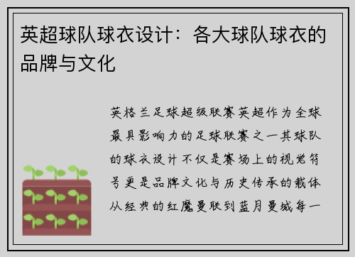 英超球队球衣设计：各大球队球衣的品牌与文化