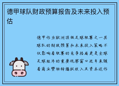 德甲球队财政预算报告及未来投入预估